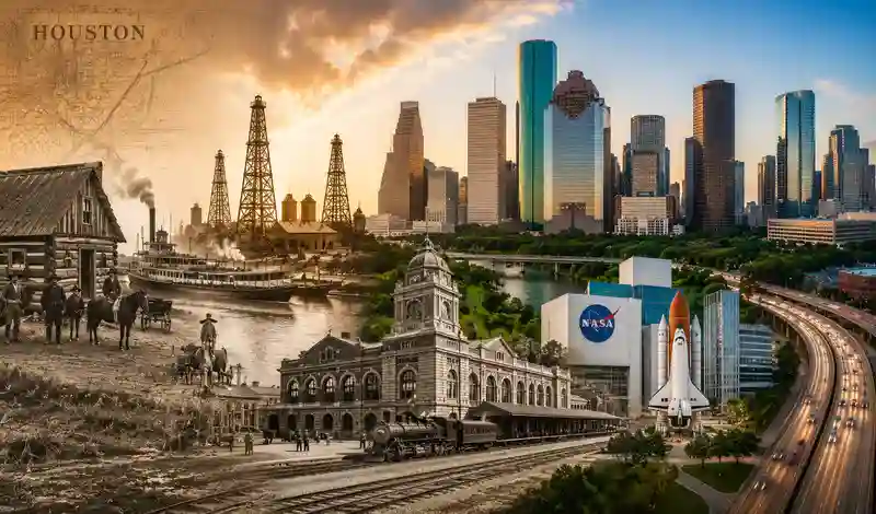 Houston's journey from frontier settlement to global city, featuring historic landmarks, downtown skyline, and space innovation.
